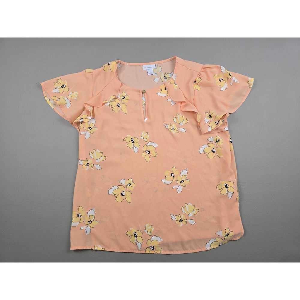 Liz Claiborne Peach Floral Ruffle Flutter Sleeve Keyhole Blouse Large